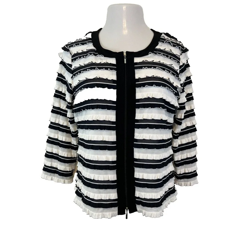 Frank Lyman Women's Jacket US Size 12 White Black Stripe Ruffled Layers Designer